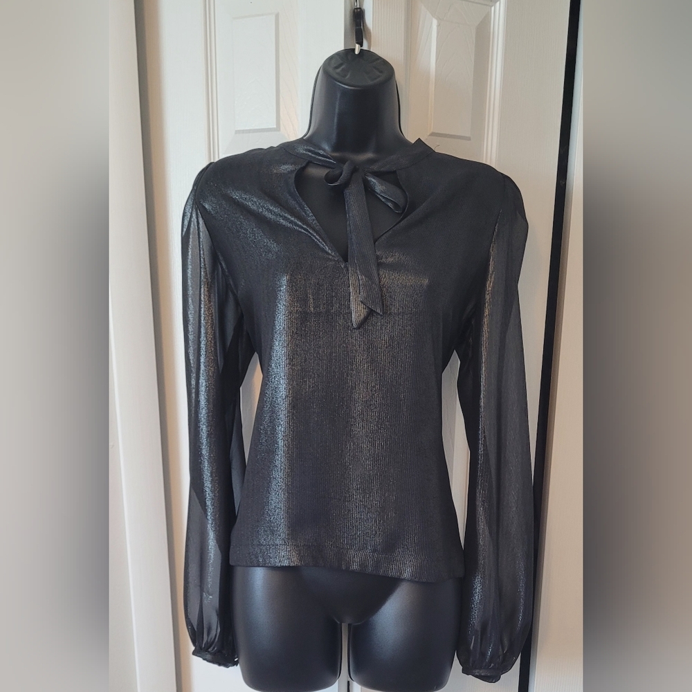 Express Shimmering Black Tie-Neck Blouse